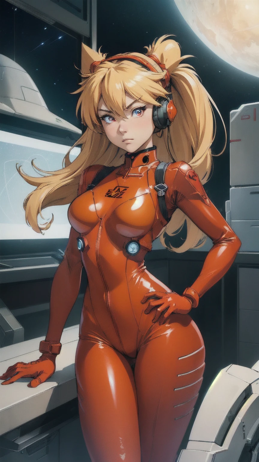 (Overhead view),dynamic angle,ultra-detailed, illustration, close-up, straight on, 1girl, 
 ((souryuu asuka langley, interface headset, red bodysuit:1.4, blonde)),Her eyes shone like dreamy stars,(glowing eyes:1.233),(beautiful and detailed eyes:1.1),(expressionless,closed mouth),(standing), red eyes,nose,lips,human nose,human lips,
(mechanic room with toolsand spaceship windowin a white SPACESHIP),
(night:1.2),dreamy, [[delicate fingers and hands:0.55]::0.85],(detail fingers),