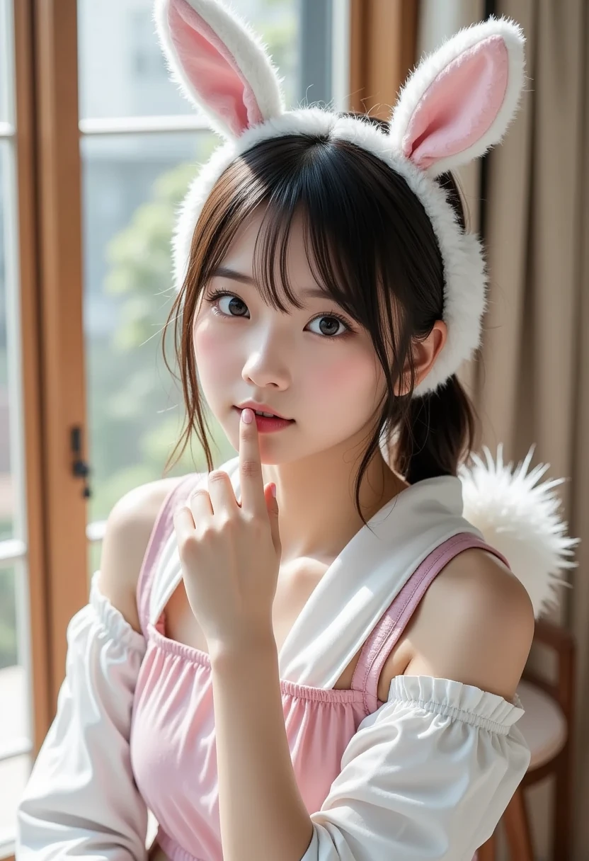 (Raw photography:1.2)、top-quality、a beautiful detailed girl、(bunnygirl)、A smile、extremely detailed eye and face、beatiful detailed eyes、huge filesize、hight resolution、hight resolution、8k wallpaper、finely detail、Highly detailed ticker uniform 8K wallpaper、Light on the Face、电影灯光、16-year-old girl、sexy pose、(photorealisim:1.4)、illustratio、surrealism、 frombelow、super detailing、masterpiece、fishnets pantyhose、Lying in bed
