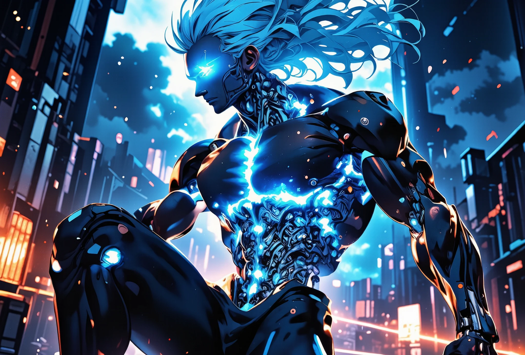 Hyperrealistic 3D animation in the style of Doberman Studio, with an anime girl (20 years, electric blue hair, bright green eyes, futuristic fitted suit) in a landscape post-apocalyptic with ruins and a stormy sky full of lightning. The scene lasts 1 minute, 1080P, 60 fps. Title: 'Thunder Strike: The Last Warrior'. The girl fights against an alien drone with mechanical tentacles, using agile and acrobatic movements. An X-ray effect is activated, showing the drone circuits and the girl's biomechanical implants in blue-white tones, with cinematic zooms. The lighting is dramatic, with red lightning and deep shadows. music: a synthwave theme in the style of Stranger Things, with an intense pace. English subtitles: 'I'm a fearless warrior! Thunder Strike, destroy them!'.