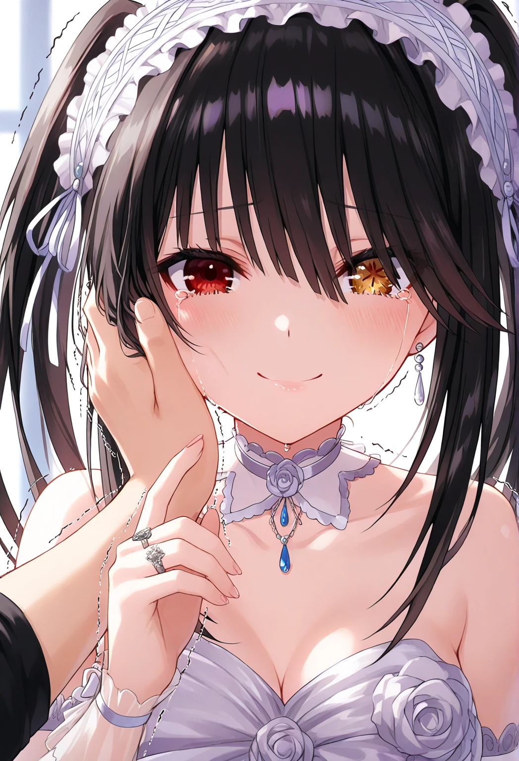 Tokisaki Kurumi: using bridal clothes, One hand raised forward with the ring finger open, ready to be paired ring,
the other hand wiped tears on the cheek, face touched with a warm smile and flushed cheeks,
teary eyes staring at the couple, body slightly trembling with happiness