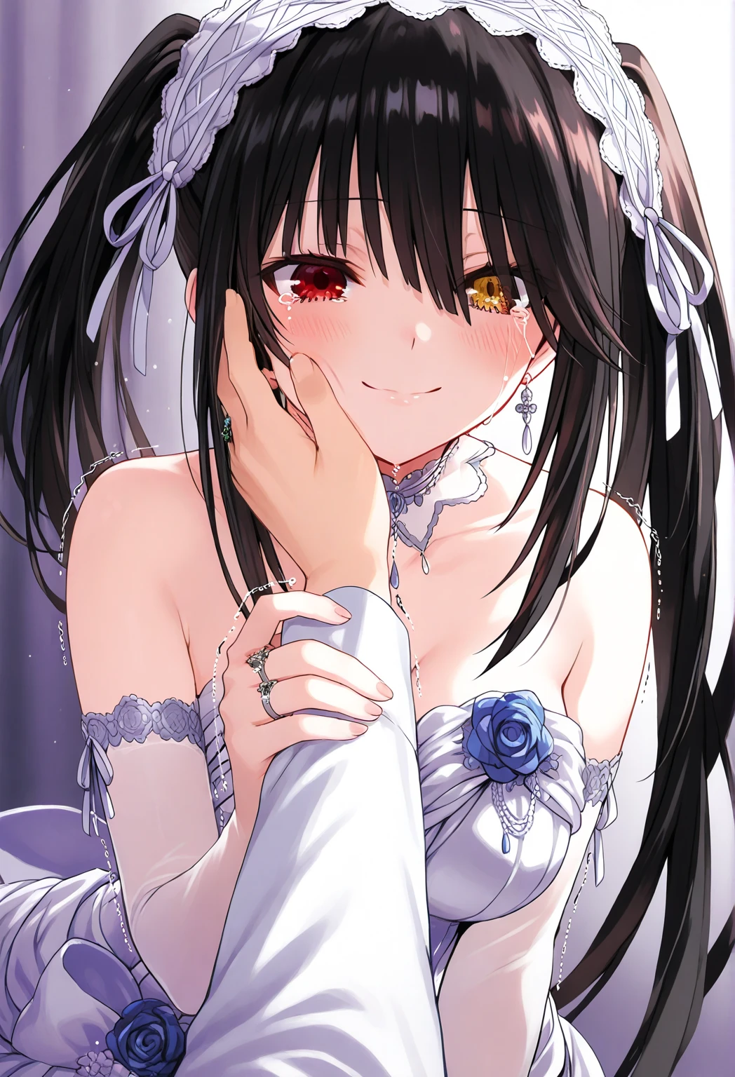 Tokisaki Kurumi: using bridal clothes, One hand raised forward with the ring finger open, ready to be paired ring,
the other hand wiped tears on the cheek, face touched with a warm smile and flushed cheeks,
teary eyes staring at the couple, body slightly trembling with happiness
