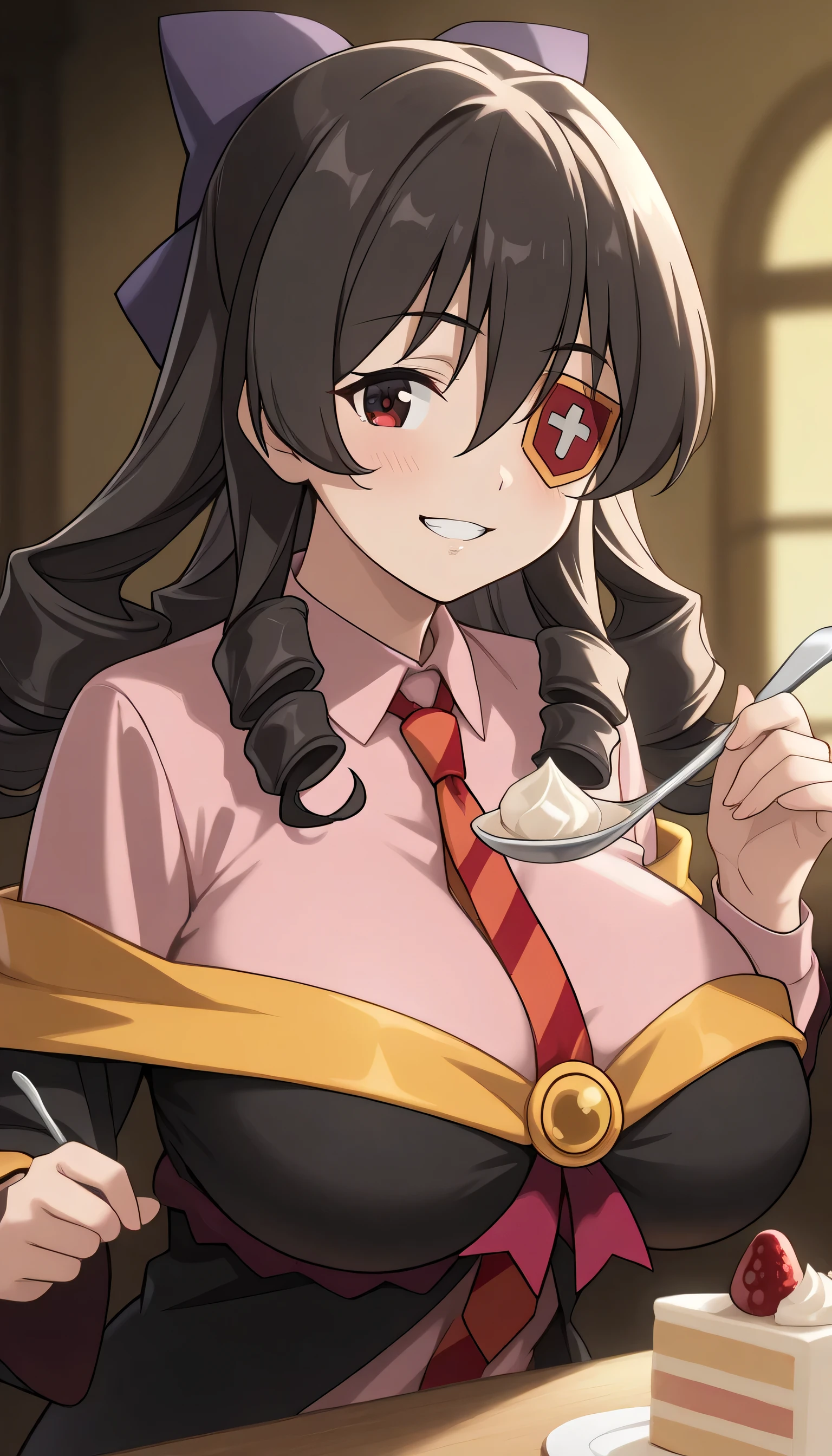 Give your images flat even illumination (negative) or dramatic chiaroscuro lighting (positive), 1girl, solo, , food, smile, , spoon, , , fruit, , strawberry, , looking_at_viewer, , blush , grin,  , , , upper_body, heart, bangs, holding_spoon, cake, , breasts, holding, oversized_object,huge breasts,Arue-Liver020, arue /(konosuba/), arue (konosuba),
1girl, solo, red eyes, hair between eyes, hair ornament, long hair, bow, black hair, drill hair, sidelocks, bangs, purple bow, hair bow, hair ribbon, large breasts, breasts, big breasts, huge breasts, eye patch, eyepatch