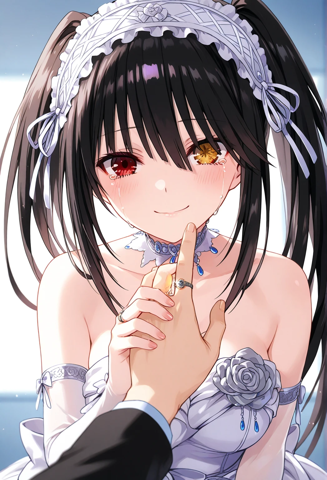 Tokisaki Kurumi: using bridal clothes, One hand raised forward with the ring finger open, ready to be paired ring,
the other hand wiped tears on the cheek, face touched with a warm smile and flushed cheeks,teary eyes staring at the couple