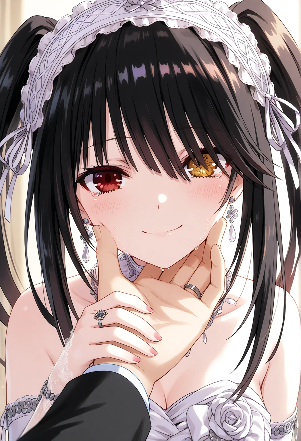 Tokisaki Kurumi: using bridal clothes, One hand raised forward with the ring finger open, ready to be paired ring,
the other hand wiped tears on the cheek, face touched with a warm smile and flushed cheeks,teary eyes staring at the couple