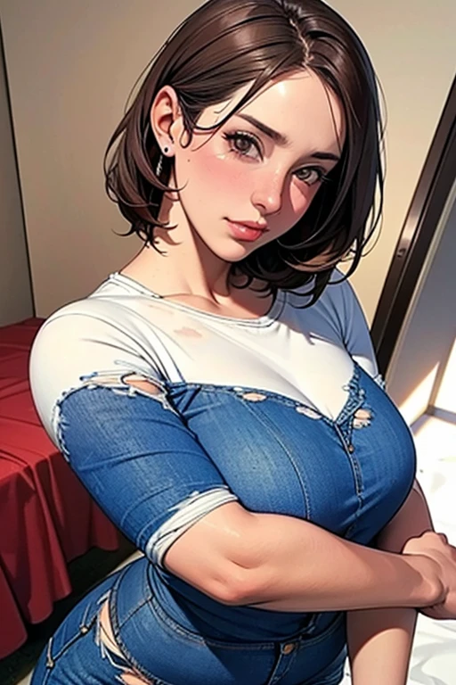 (masterpiece:1.2, best quality), (Practical, photoPractical:1.4), Fine quality illustrations, (Natural side light, Cinema Lighting), Written border depth, Beautiful thighs stare at the viewer, (Face focus, Upper Body), 1 female，20 years old，Solitary，（Background：hotels room） , Thin, slim, Long hair, curls, Hair Bun, forehead, forehead, forehead, Thin, slim, naked , earrings, necklace, sweater, jeans, Standing, ((close up)), ((close up)), ((close up))