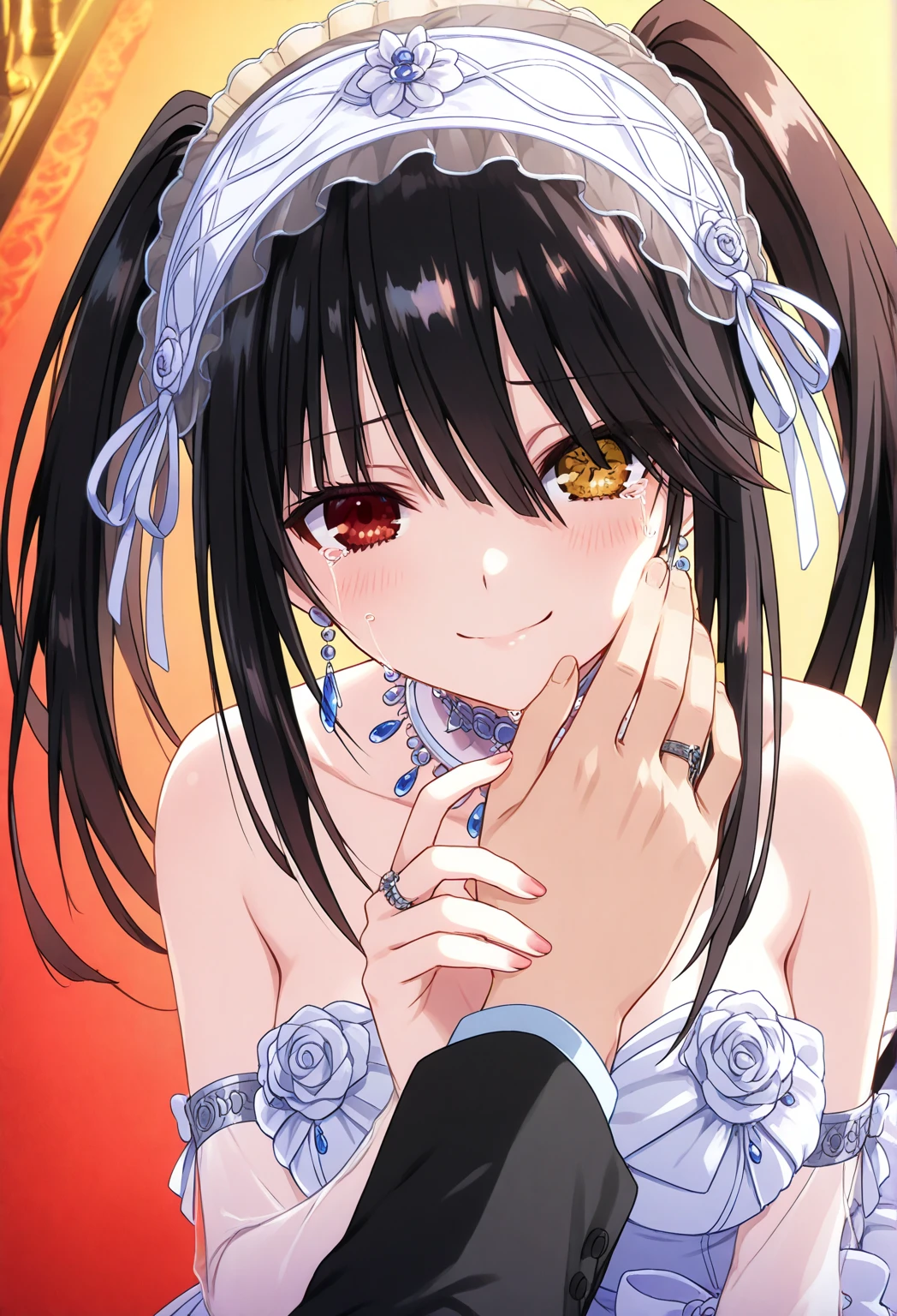 Tokisaki Kurumi: using bridal clothes, One hand raised forward with the ring finger open, want to pair the ring,
the other hand wiped tears on the cheek, face touched with a warm smile and flushed cheeks,teary eyes staring at the couple
