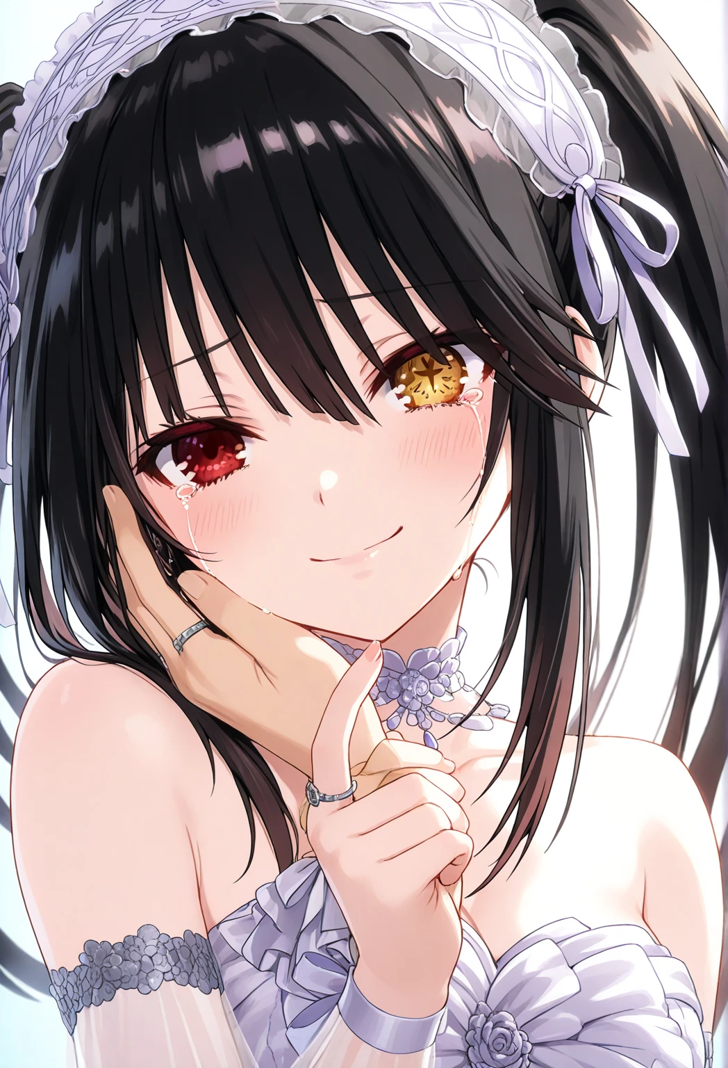Tokisaki Kurumi: using bridal clothes, One hand raised forward with the ring finger open, want to pair the ring,
the other hand wiped tears on the cheek, face touched with a warm smile and flushed cheeks,teary eyes staring at the couple