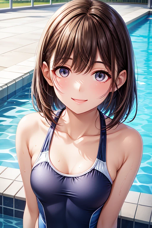 By the pool,Wet Dress Competition Swimwear,Competitive swimsuit slip,School Swimsuit,Wet skin,Wet Face,(Shiny light brown and orange two-tone wavy short hair),(Wet and messy hair),Cute round face red lipstick,A cute smile that makes the viewer happy,Big ample breasts,Leaning out of the pool,Bold sexy pose,Digital Illustration,(Natural soft light),(sunlight),(Professional Lighting),(Photorealistic:1.3),(RAW Photos.),(Tabletop,Highest quality,Ultra-high resolution output images,) (8K quality,),(Picture Mode Ultra HD,)