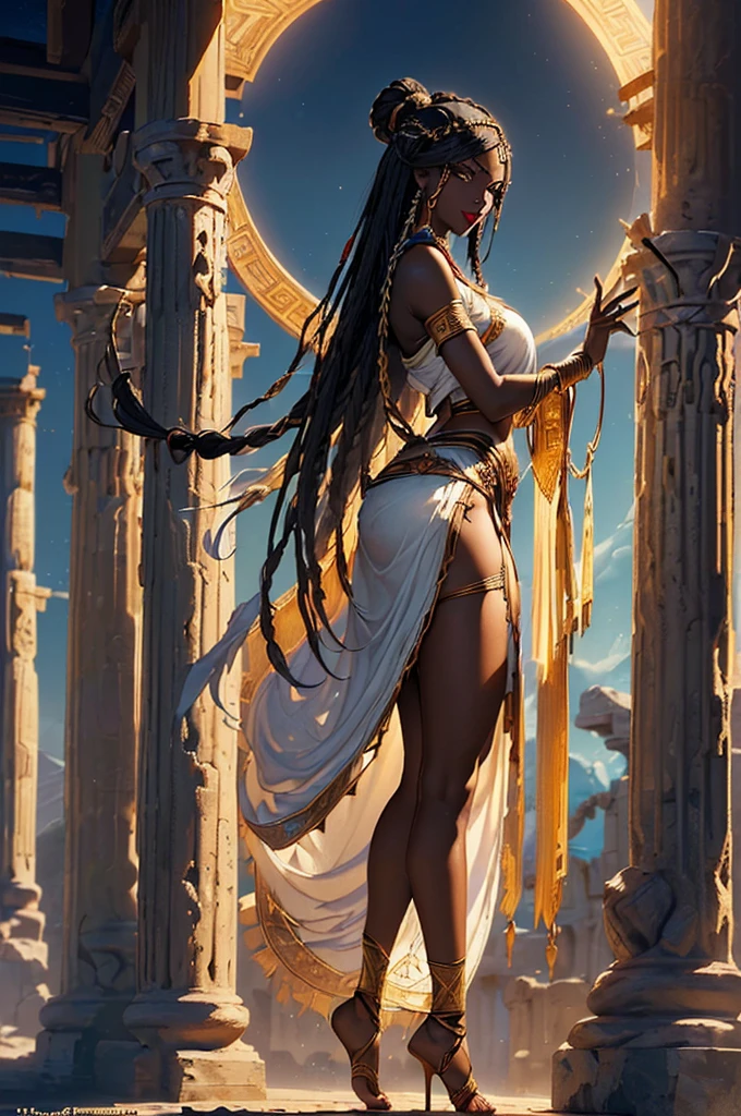 a beautiful black adult woman like Medusa, ancient Greek style, she has serpents and snakes in her black power style hair, silver eyes, in place of legs we see a snake's tail, She moves through the ruins of an ancient Greek temple where several statues of people who were turned into stone with a fearful appearance are scattered around.