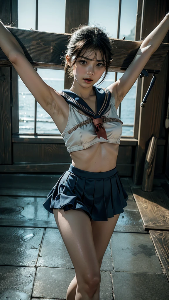 (41k4:0.7), (aika-sawaguchi:0.25), masterpiece, Best Quality, 8K, Raw photo, (wearing sailor school uniform:1.5), top-notch quality, masterpiece, (full body shot:1.5), (exceptionally detailed RAW color photo, professional-grade photograph), (rope bondage:1.5), (tied up with rope:1.4), (facing viewer:1.5), (looking at viewer:1.4), (Realistic, Photorealistic:1.37), (highly detailed skin:1.2), Ultra-high resolution, (lens 50mm), (masterpiece, top-quality:1.3), (hyper realistic:1.35), (Photorealistic:1.45), (Realistic:1.4), solo, (1 pretty Japanese girl), 21 years old, Japanese idol, supermodel, pale skin, (slim:1.3), (slim body:1.25), (slender body:1.25), (narrow waist:1.35), pretty face, (large breasts:1.15), (deep cleavage:1.4)