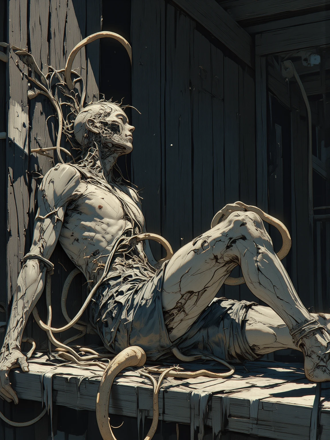 (((masterpiece))), (((best quality))), ((ultra-detailed)), (highly detailed CG illustration), ((an extremely delicate and beautiful one)), (sideways), cinematic light, ((1 mechanical girl)), solo, full body, (machine-made joints: 1.2), ((mechanical limbs)), (blood vessels connected to tubes), (mechanical vertebra attaching to the back), ((mechanical cervial attaching to the neck)), (sitting), expressionless, (wires and cables attaching to the neck:  1.2), (wires and wires in the head: 1.2) (character focus), science fiction, extreme details, colorful, the most detailed COLORED CABLES A CONTROL PANEL WITH HUNDREDS OF HUMANS USED AS A POWER SOURCE CHAINED HEAD IN THE BACKGROUND A PERCENTAGE OF TRASHMETAL