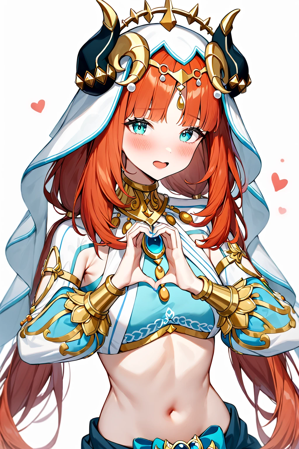 masterpiece,best quality,very aesthetic,absurdres,
nilou \(genshin impact\), 1girl, fake horns, solo, long hair, heart, heart hands, red hair, looking at viewer, white veil, crop top, navel, puffy long sleeves, white background, jewelry, blush, twintails, simple background, brooch, nail polish, low twintails, neck ring, harem outfit, stomach, blue nails, aqua eyes, upper body, detached sleeves, circlet, open mouth, midriff, parted bangs, gold trim, bracer, white headwear
