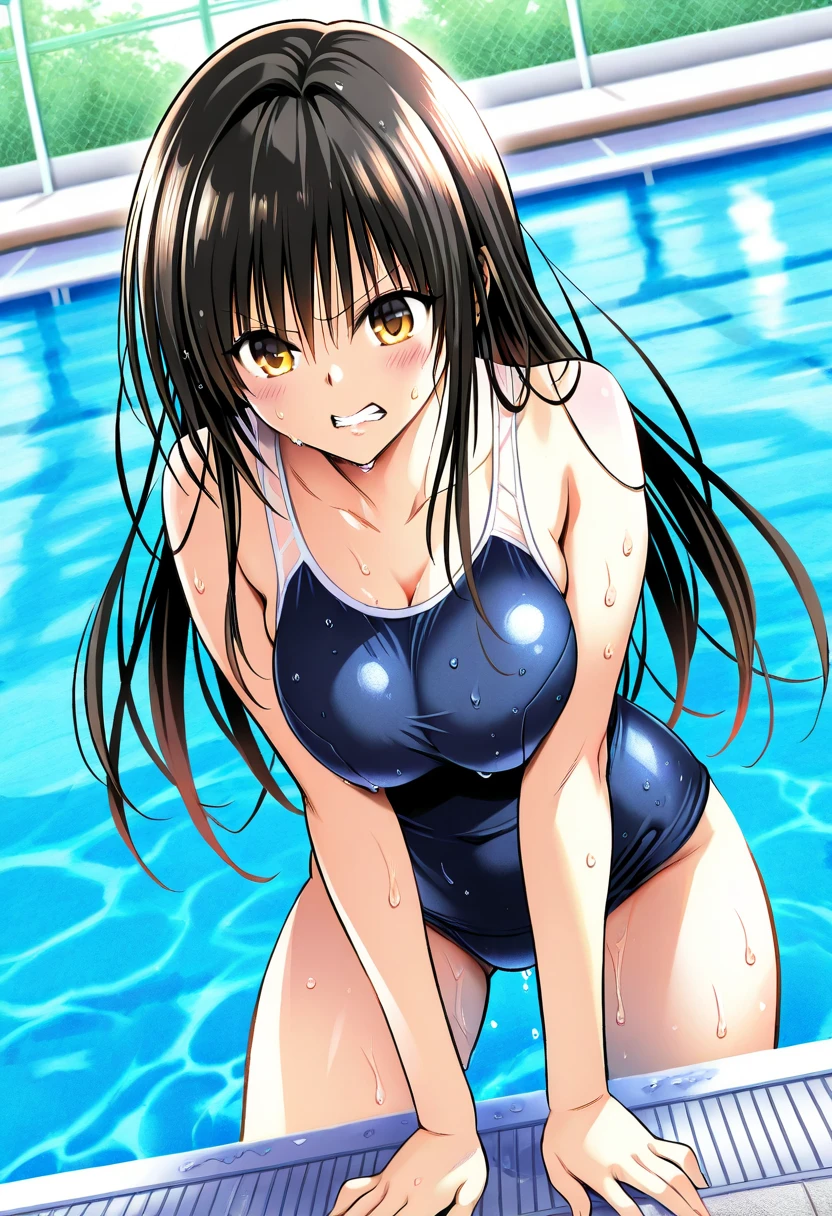 best quality, very aesthetic, Super detailed, best illustration, 1girl, おっぱい, black_hair, nsfｗ, pussy focus, aroused, naked, one-piece swimsuit, Lots of love juice, Pussy, Spread legs, スケスケ水着