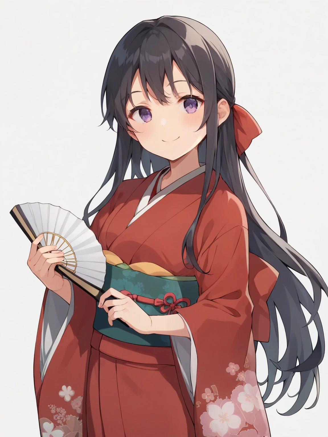 着score_9, score_8_up, score_7_up, Anime,nsfw,Uncorrected,young ,Babyface,Short Height,Petite,solo, kimono, Long Hair, hand fan, Smile, Kimono, Striped, band, Obi , White Background, Striped Kimono, ribbon, staring at the viewer, hair ribbon, blush, bungs, Holding, folding fan, Simple background, floral print, Holding fan, dark haired, バーティカルStriped, wide sleeve, long sleeve, PURPLE EYES, red ribbon, Closed Mouth, Side lock, cowboy shot, Standing, red Kimono, arm, old version ,, Kyoani Style,glitter,