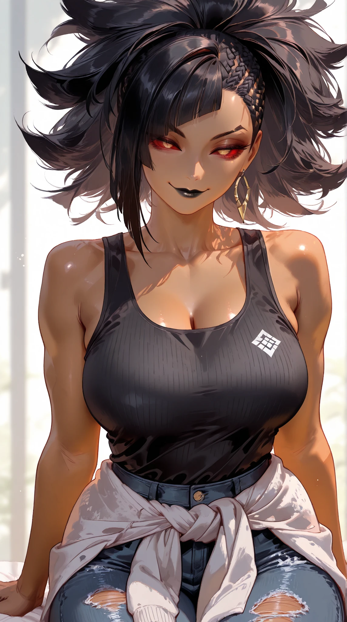 Expressiveh, Kiriko \(overwatch\), From behind looking at viewer, huge ass, cold stare, sexy, huge breasts,score_9, score_8_up, score_7_up, 1girl, source_anime, haughty, low angle view, muscled thighs, sexy thigh black dress low cut, 80swa, shiny skin, wet, oily, sweaty, perfect face, beautiful girl, beautiful face , pink lightings,