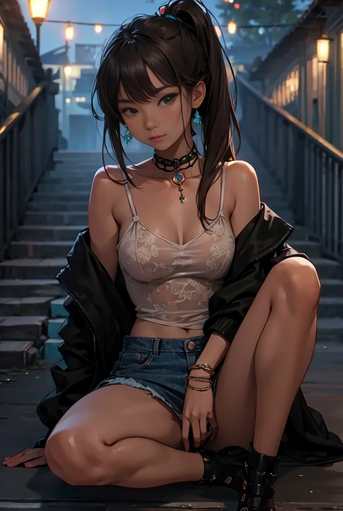 (higher resolution, distinct_image) The best quality, a woman, masterpiece, highly detailed, semi realistic, 26 years old, beautiful, young, handsome, interlaced white blue dress, small gem necklace on neck, exterior, cafe seat, window, sitting, afternoon, blush, smiling,ubel,dark green hair,long hair,side ponytail,hair between eyes,bangs, BREAK (beret, black jacket, open clothes, cleavage, midriff, black shorts, black thighhighs, thigh strap, fingerless gloves, single glove:1.2), Photo,sharpness, F1.6 lens,hyper-realistic textures,spectacular light textures, Cinestil 800 Fashion Mechanics,(((Beautiful woman with left leg restrained and hung by chains))),Appearance,Beautiful girl with accentuated slender abs: 1.1,six-pack abs: 1.1, Bust Botox,Standing on tiptoe, long legs,Long brown hair fluttering in the wind,Brown hair, Long hair, Female Warrior Costume,(No panties,No bra),(tacticul battle fashion,elbow and knee cyberpad, cyberglove: 1.1),((beautiful costume)),The belly comes out and the navel is visible,Thin sheer costume, combat gloves,shredded costumes,cyber long combat boots with golden knee pads,Anatomical,(futuristic sci-fi battle fashion, new elbow and knee cyberpads, new cyberlong boots, new cybergloves: 1.1),((straddling the gundom shields and battle rifel)),(tied perfectly by iron chain), Restraint, Slave, collars, contempt, (Chained), 4 chains hung from heaven, Metallic shackles and fetters, wet crotch clearly visible,((Hands are restrained above the head)), the neck is chained,Chain from left knee to heaven,Chained by rusty iron chains,((the tip is protruding, areolas protruding,The shape of the pubic area is clearly visible)),Sweating,Wet,Wet crotch,Wet thighs,bloods,Junkyard, Realistic, (cute, perfect clothes, skimpy clothes, cute: 1.3) ,Vast prison,((wide hospital with sunlight)), peeling ceilings, Rebar between, Realistic material details, Extreme details, Ultra-realistic materials,narrow waist,(with sparkling eyes and a contagious smile),looking
