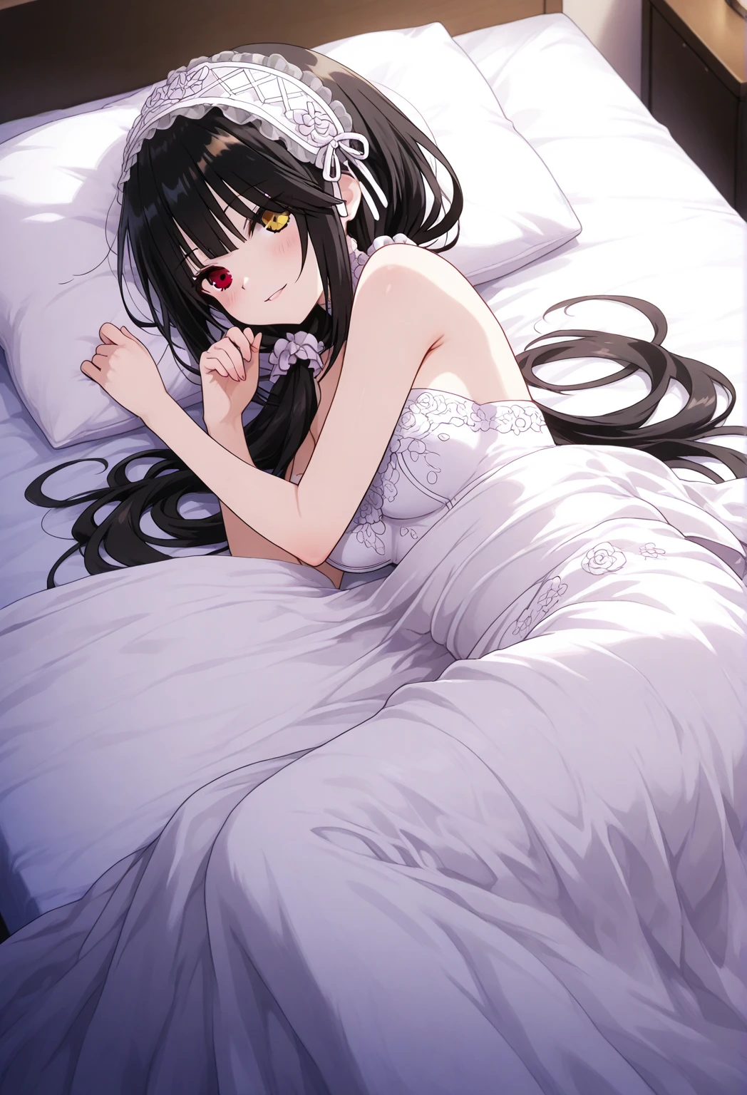 Tokisaki Kurumi: using bridal clothes, bed invitation, on bed, on side, pillow, under covers,