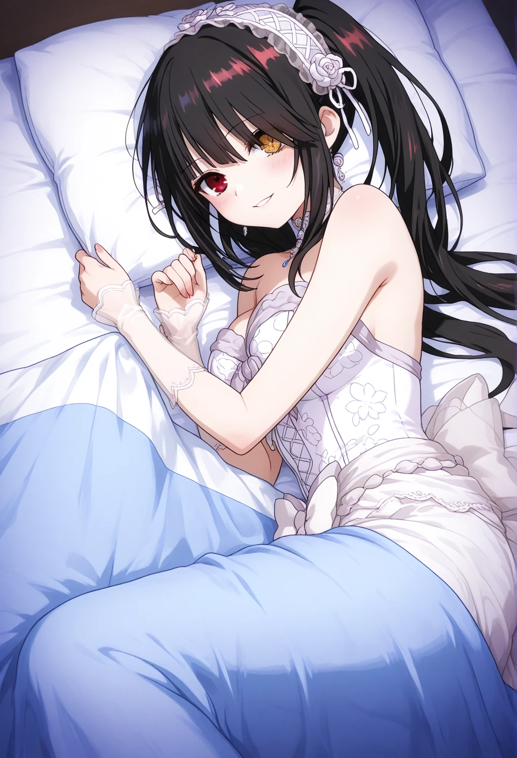 Tokisaki Kurumi: using bridal clothes, bed invitation, on bed, on side, pillow, under covers,