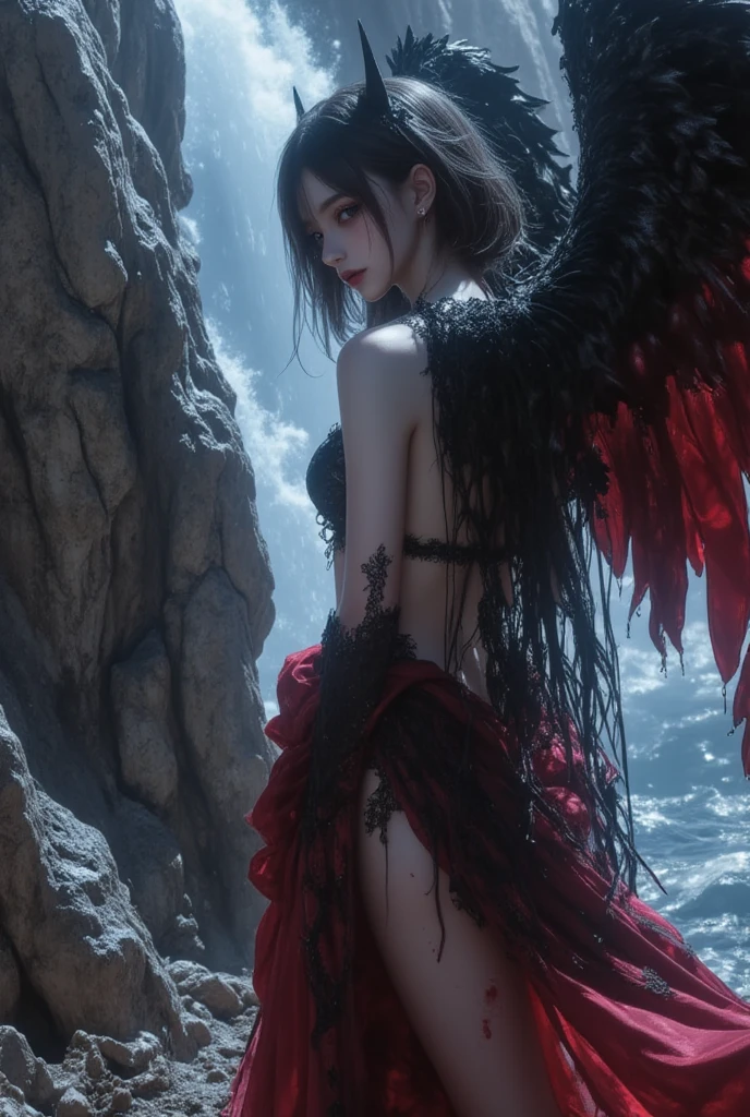 (highly detailed CG unity 8k wallpaper, masterpiece, best quality, very detailed, beautiful eye details: 1.2), best lighting, (best shadows, very delicate and beautiful blooms), 1 grille, solo, red eyes, Thin clothes transparent, long hair, holding an eggplant, Angel wings, black wings, (big wings: 1.4),