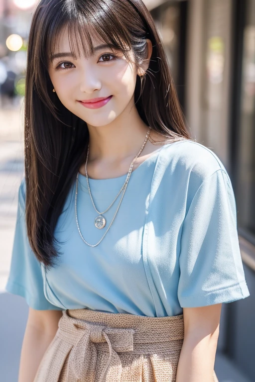 RAW photo、Please keep looking at me、Bright screen、light brown medium bob hair、8K、outdoor、blue sky、Upper body、Photographed alone、40 years old、smile