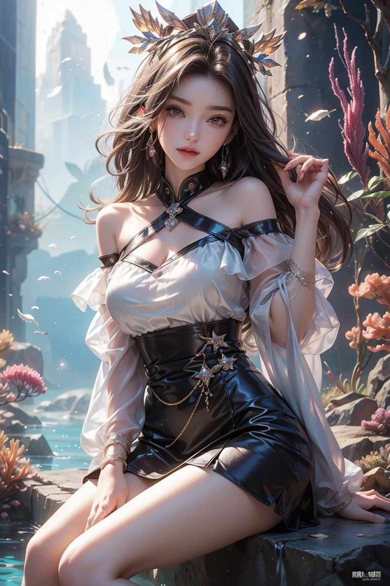 Beautiful woman with perfect body:1.4,layered hairstyle,prominent cleavage:1.5,White hollow miniskirt,Highly detailed facial and skin textures,double eyelids,whiten skin,long hair,Whitened long legs,Kneel down