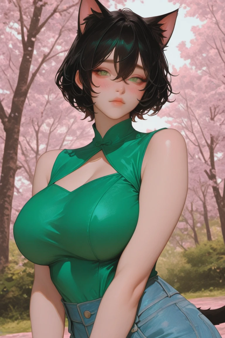 masterpiece, best quality, highly detailed,1girl, covering mouth, shy smile, big breasts, adult, split-color hair, black and green hair, sakura trees, hair over eye, pose, mesh bra, side swept pixie