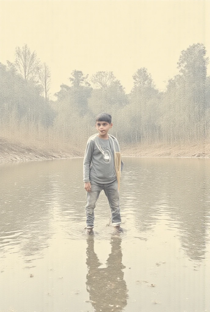 A realistic photo of a 1 boy standing on the river bank wearing a stylish black t shirt and white pants smiling at the camera