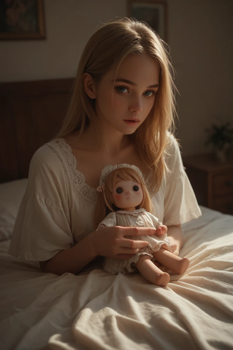 A beautiful, sexy, sensual blonde girl with a baby doll, sitting on her bed in the dark, observes the sky in the dark and is dimly illuminated by the moonlight.