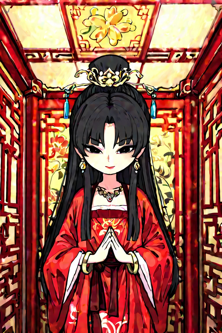 Period drama manga style A 15-year-old super beautiful Chinese girl with black hair in a bun cut She is lying on a Chinese-style bed, her arms spread apart, bound and chained, wearing a long-sleeved royal Chinese dress and a diaper with a hole for excretion.