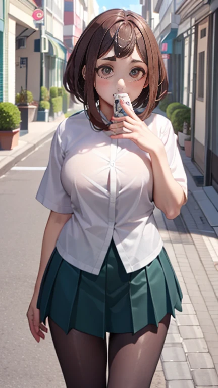 (masterpiece:1.3, highest quality), Ultra-high resolution, Very detailed, (Realistic, photoRealistic:1.4), Beautiful illustrations, Perfect lighting, colorful, Written boundary depth,
Looking at the audience, 1 girl, alone, Japanese, high school girl, Improve, (Big Breasts:0.8, Big Ass, Captivating thighs, Skin dents),
(short hair:1.5, Pixie Cut:1.4), Brown Hair, Asymmetrical bangs, Purple eyes, Lips parted, (very tanned and shiny skin),
Beautiful Hair, Beautiful Face, Very detailedな顔, Fine and beautiful eyes, Beautiful clavicle, Beautiful body, Beautiful breasts, Beautiful thighs, Beautiful legs, Beautiful fingers,
(Beautiful views), Daytime, Outdoor,
(( (Navy knit vest), Grey checked tie, A white shirt with a long sleeve and a collar, , pink plaid pleated skirt, Black tie)), White panties, Polka dot hair scrunchie, bracelet,
(walk, (OK sign)), (Captivating smile), Nipples are visible