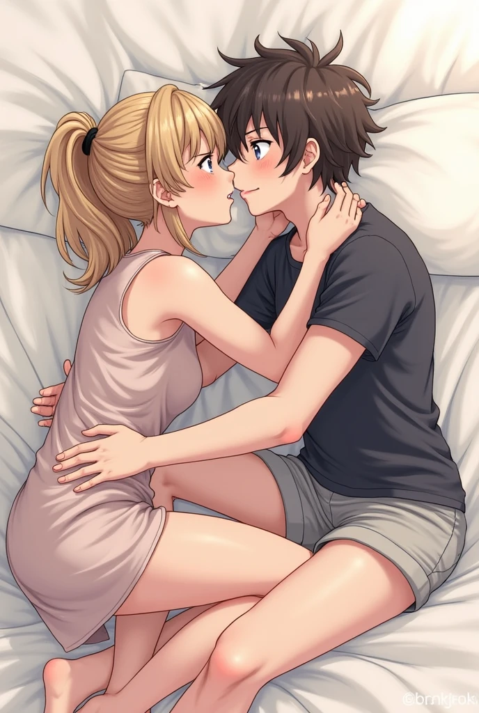 Two adult friends, A Man and a Woman, the man is taking care of the woman in bed, She is sick, she is a woman, she has blonde hair and blue eyes., she wears pink pajamas, while the man has black hair and black eyes