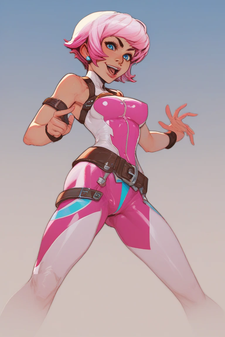 Create a digital anime-style image of a young woman with a modern, hair half top half light pink and half bottom light blue, hair cut side shaved head, eyes blue, lips atractive, beatiful fitness of her body. edgy appearance standing confidently in a dimly lit room with a cyberpunk aesthetic. The woman should tight small suit cyberpunk, sample legs and foot, legs open frontal bedroom, styled hair with vibrant colors, The room cyber high details. cute nose, seductive,white choker, pink lips, freckles, large breasts, pretty girl