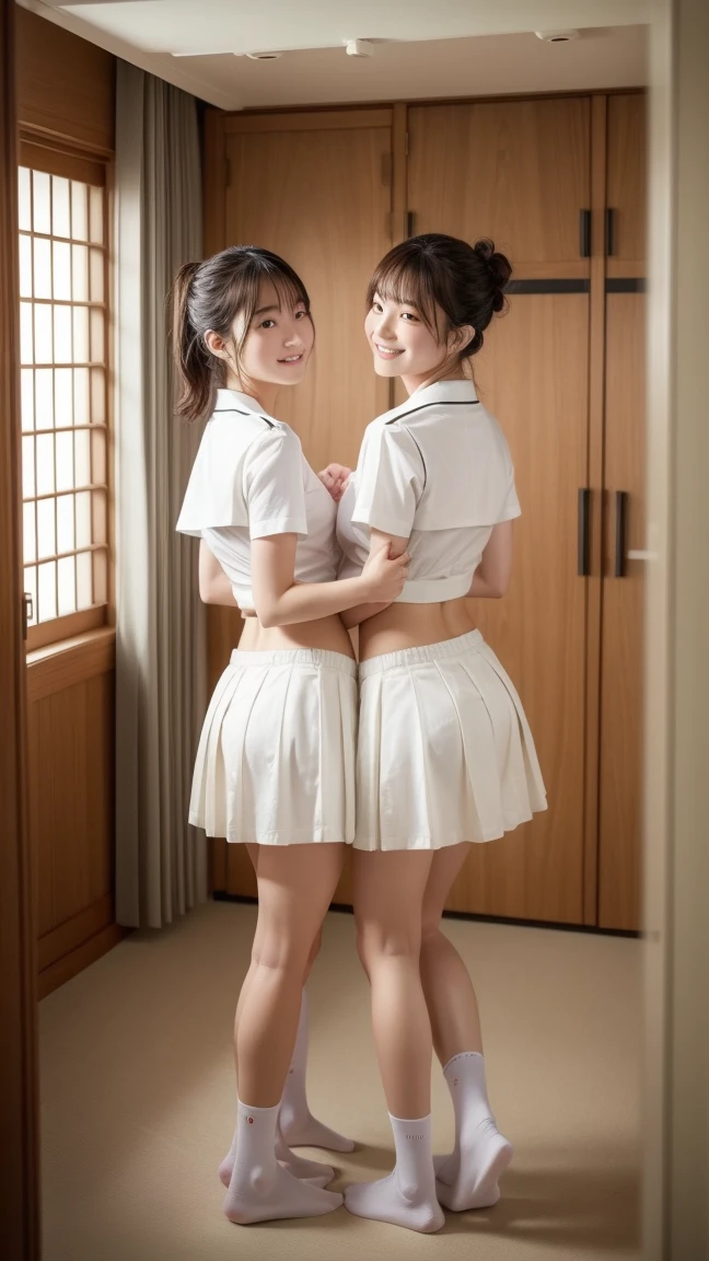 two girls in the classroom,Short sleeve white sailor swimsuit,,bangs,a little smile,thighs,knees,short cut hair,Ponytail and twin tails,from below,front light、Two people turn their backs、Dig into the buttocks、stick out one's butt