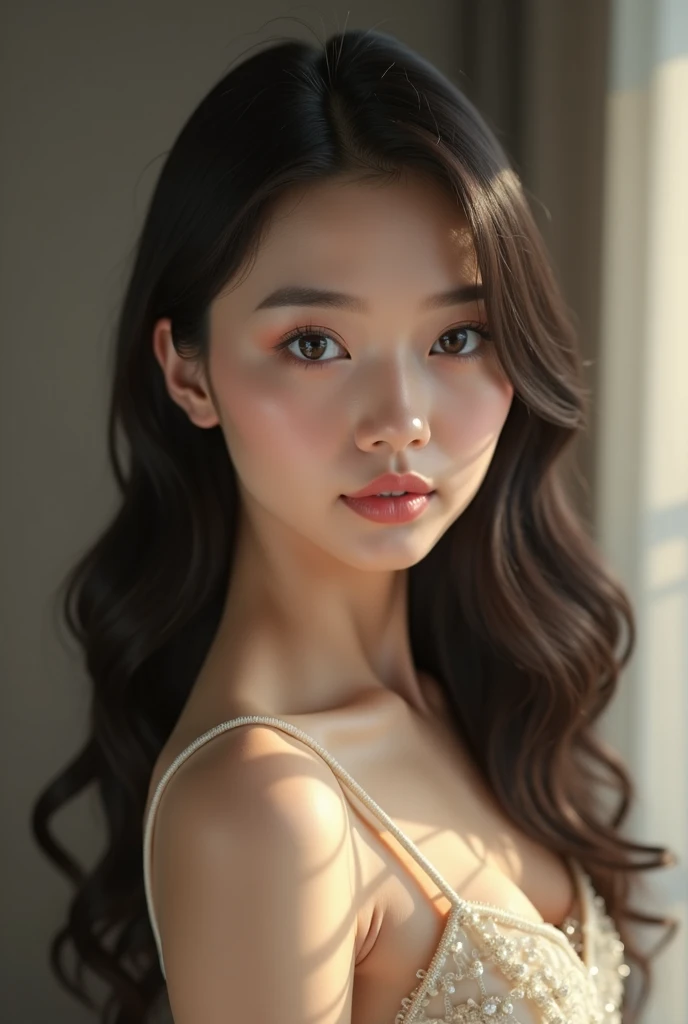 a 20 year old woman, beautiful, wearing a dark blue dress, has brown hair, beautiful hair, brown eyes, with a white tiara, white skin, full body,