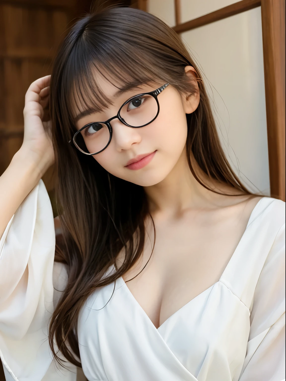 Photorealistic, (close up:1.3, exposed face), wide angle, (seen from above), a Japanese young woman smiling up at the camera, wearing wet (long sleeve floral t-shirt:1.2, oversized t-shirt, hotpants), a hyperrealistic beautiful young woman with grayish blue eyes in glasses, natural sagging round breasts, high detailed official artwork, slim fit body and busty posture, long legs, attractive young woman, (attractive sitting poses:1.3, crossed arms holding the round breasts up), sitting on a kitchen counter with soft, messy kitchen towels around her in a cozy kitchen, natural light coming through a window, rainy day, dubnitskiy david fanart, realistic portrait, smooth photorealistic, perfect visual of a cute woman, cute woman with soft skin and delicate facial features, face focus, smiling expression, looking up at the camera, makoto shinkai and artgerm style, photon mapping, warm color tones, vivid colors, cozy ambient, serene atmosphere, 8k and 4k resolution.