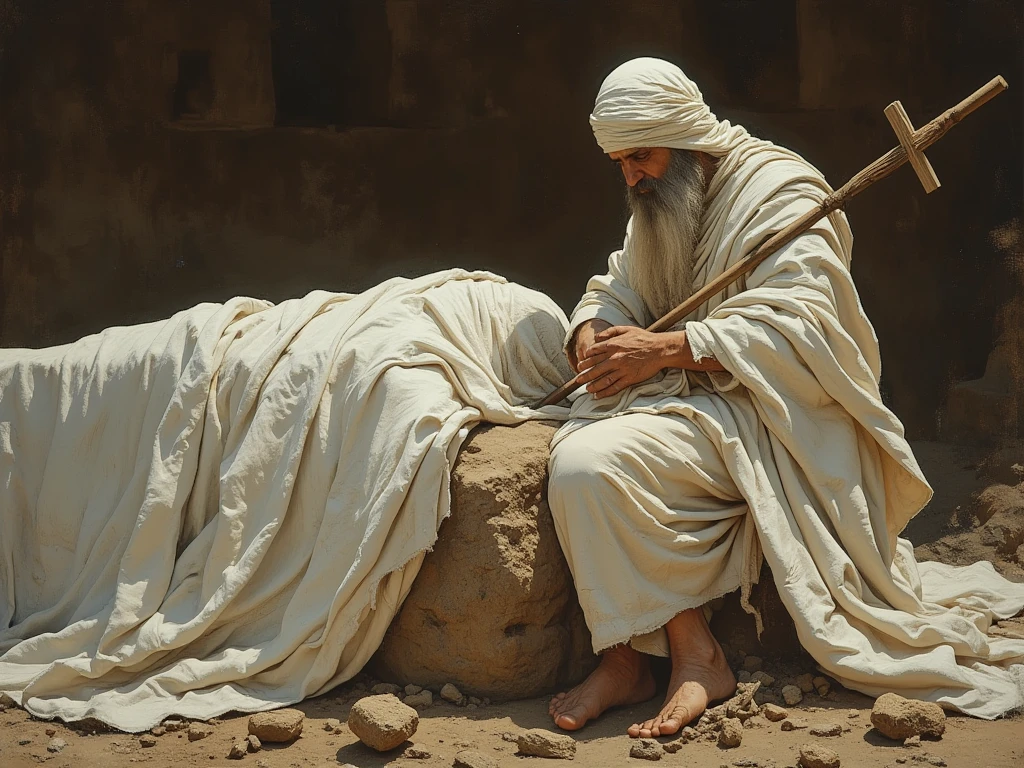 “Inside the Tsur Cave at night, Abu Bakr As-Siddiq plugged a small hole with his foot, his face showing pain but determination, while the Prophet Muhammad rested peacefully nearby, the cave walls bathed in warm, earthy colors.”