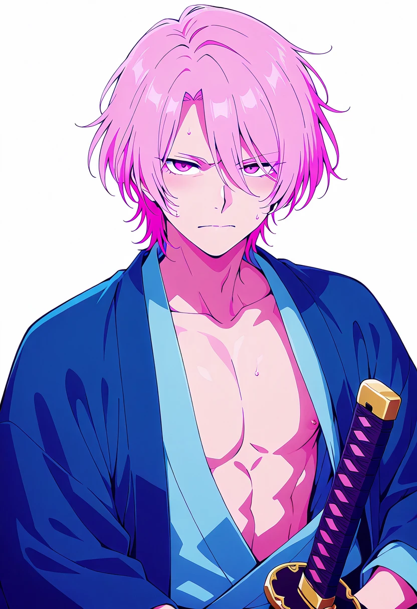(masterpiece, best quality:1.2), solo, male focus, (kimono), 1boy, sukuna, tattoo_on_hiace, manly, full body, pink hair, shirtless, ((detailed eyes)), red eyes, eye focus, 8k, intricate details, NSFW