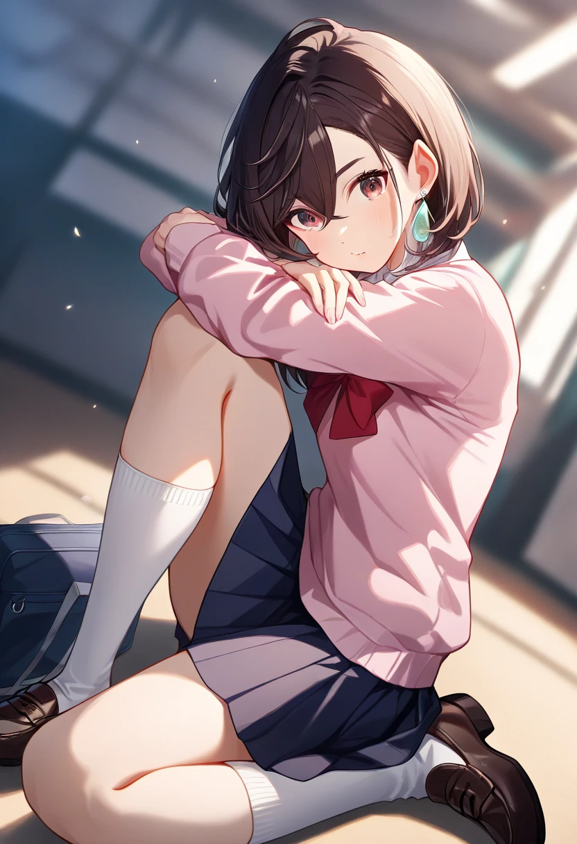 nsfw,Dynamic composition,{{masterpiece}}, {{{Highest quality}}},{{Very detailed}},1girl,30 year old female,{Mature Woman}},clavicle,{{short sleeves One-piece tennis wear:1.4}}{{Crouch with knees up:1.6}},{{crouching:1.6}},{squatting{:1.6}},{{shortness of breath:1.4}},one eye closed,from below,Cowboy Shot,{{Medium breast}},{{Female indoor tennis player}},small face,{{Put your hands on your knees.}},{{flared skirt:1.6}},{{Inner shorts}},Wristband ,{{v-shaped eyebrows}},Bad mood,blush、anger,Sweat,raise one's eyebrows ,{{View your viewers}}、indoor tennis court ,light brown hair bob cut,Blunt bangs.abdominal pain ,{{pain}},ankle socks