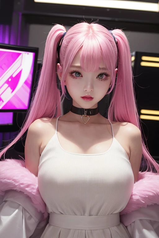 (long shot), 3D, 3D model, unreal engine, 1 girl, alone, (neon wireless cat ear headphones:1.2), (exquisite female body、exquisite breasts、Micro bikini that glows under UV black light neon light:1.2), bedroom、shiny pink bed in hotel、midnight、 sunset, detailed person、detailed scenic view、Depth of bounds written, ((black hair、oil skin,sparkling skin、realistic skin texture、detailed beautiful skin、shiny skin、shiny white skin、beautiful shiny lipstick、mine makeup))