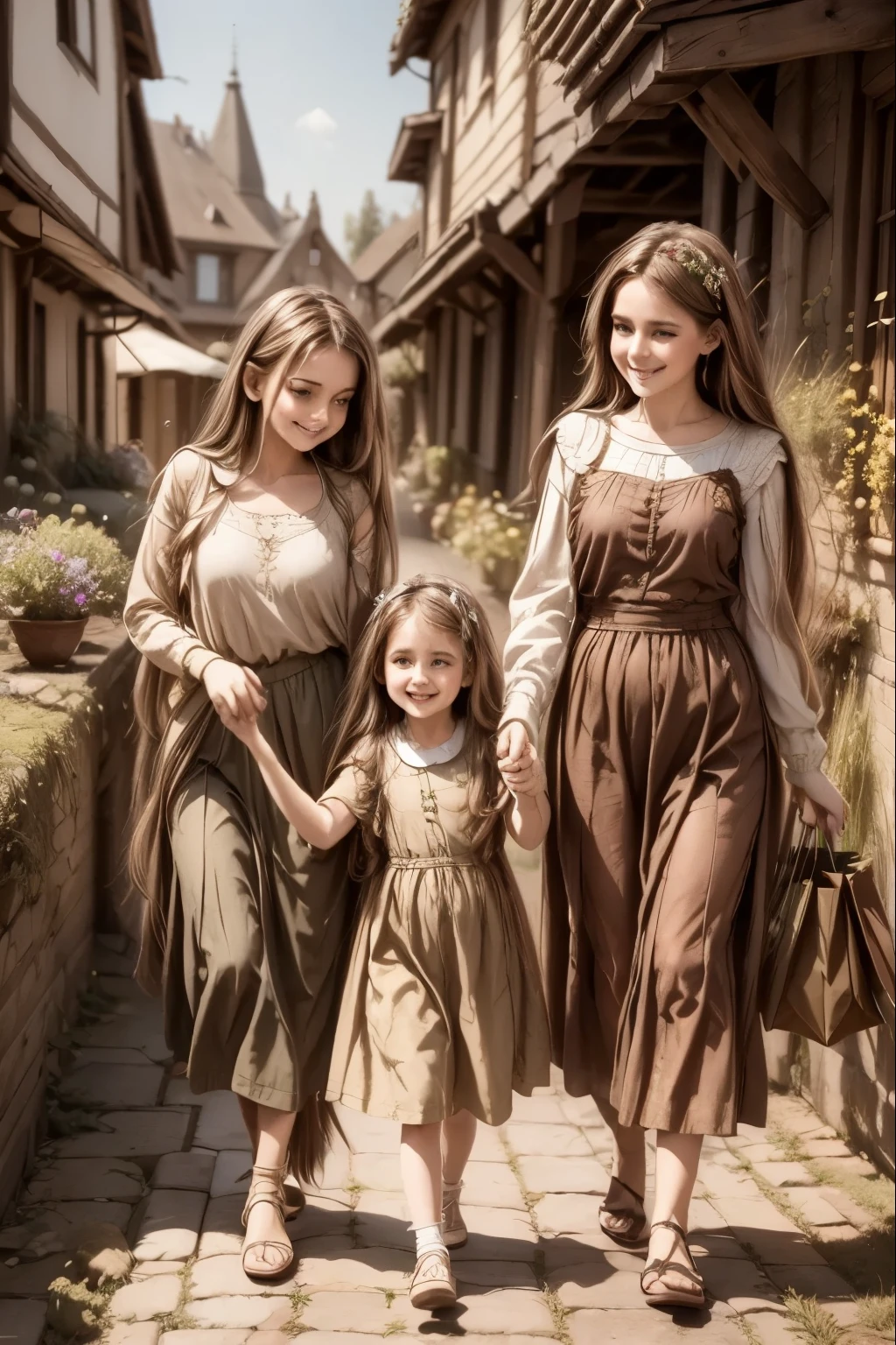 (high resolution: 1.2),Happy moment, medieval mother and 2 daughters, go shopping at village market, cheer, bunnies and duck, beautiful detailed eyes, lush green garden, long flowing hair, traditional medieval clothes,