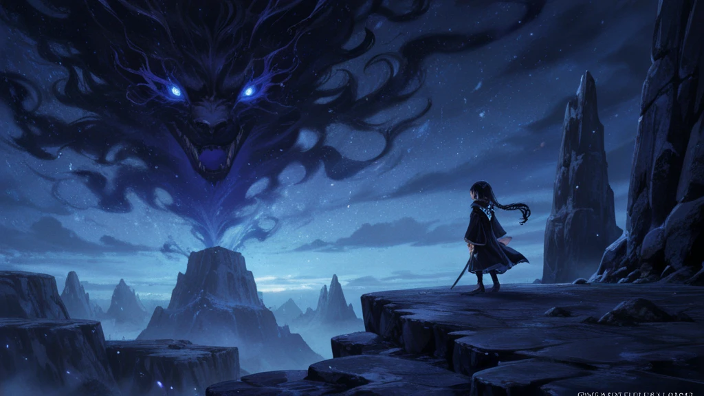 The image is anime style with shadows and dim lights, anime style although somewhat adult and dark, It shows a young lamia naga, mermaid of approximately 20 years old, who wears light chain mail armor, has medium length hair, tied in a short tail. He has no feet, He just stands on his tail. His skin is blue. He is opening his arms, Behind him, A huge ice dragon stands.