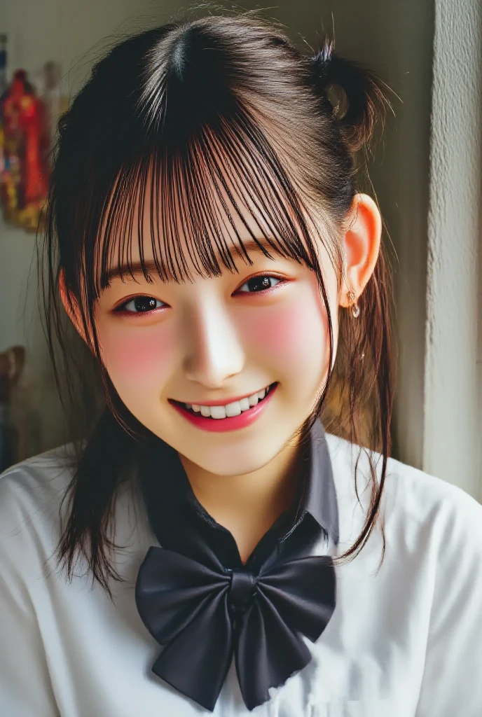 Best image quality, Focus, Soft light, Black hair, (Japanese)), (((Front, 15 years old))), (Depth of field), Ultra high resolution, (Real: 1.4), RAW photo, ((waitress uniform)), smiling face