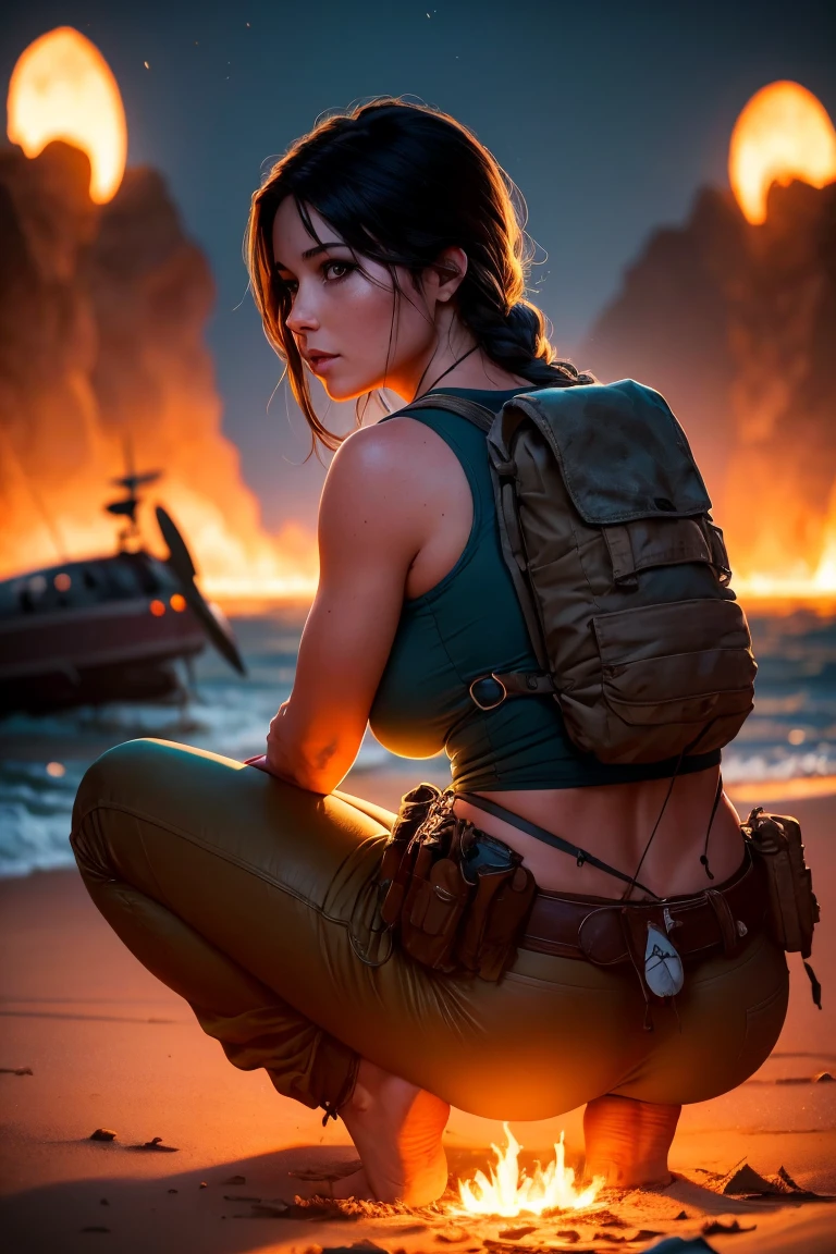 

A scared-looking woman with brown hair tied up in a high ponytail and emerald 
 eyes. Her clothes were torn, revealing a pink top with jagged edges and short shorts that had seen better days. Her physique was well-proportioned, with ample cleavage, and she had a sun-kissed tan. Her features were strong and defined, adding to her overall air of strength and determination. The scene was captured in stunning detail, with High Quality Detail, Cinematic Light, wasteland ,abandoned