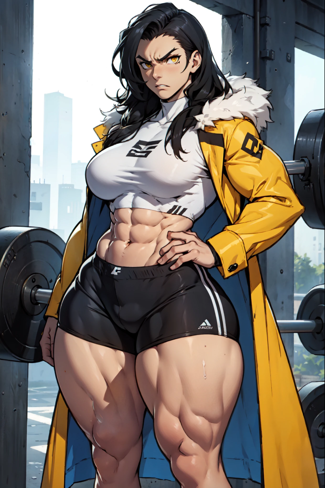 1girl black hair yellow eyes very long hair pale skin angry (((muscular toned body thick thighs large breasts curvy wide hips))) (fur coat) bodybuilder