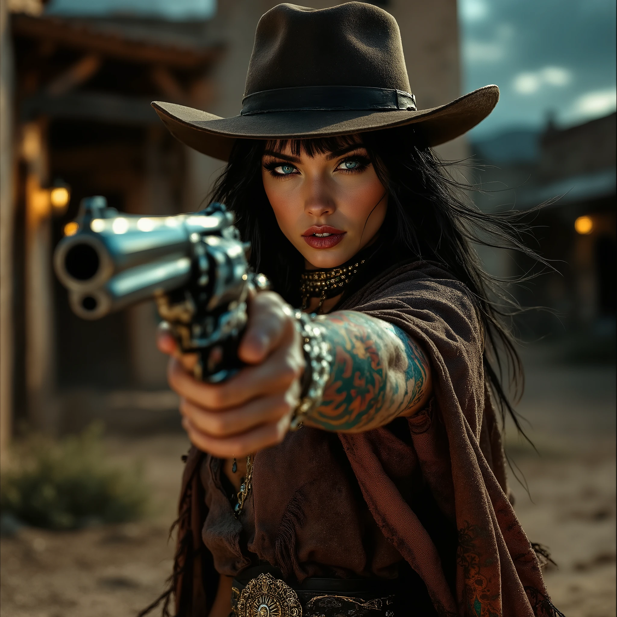 Hyper realistic, photo realism, zoomed out full body, head to boots, HD Photo of beautiful, female equivalent of Clint Eastwoods man with no name. She has drawn her revolver super fast with her right hand. The wind is blowing her hair and there is some dust in the air. She has a cold and determined look on her face. Her eyes are fixed on three bandito's standing across from her in the courtyard of an old Mexican mission with their hands on their holstered guns. She has colorful Native American arm tattoos, black hair with bangs, dark blue eyes framed by long, elegant eyelashes and ornate eyeshadow that compliments her eyes. She wears an flat top brimmed hat, Clint Eastwood style poncho, and a ragged mini shirt. She is wearing an ornate gold and onyx belt and choker, and cowboy boots with silver spurs. It is dust with soft volumetric lighting from dim evening light that shines down behind her in the tense dark atmosphere. No poorly formed fingers, no extra arms, no extra legs, no extra fingers, no poorly formed hands, no poorly drawn body, no poorly drawn teeth, no bad anatomy.