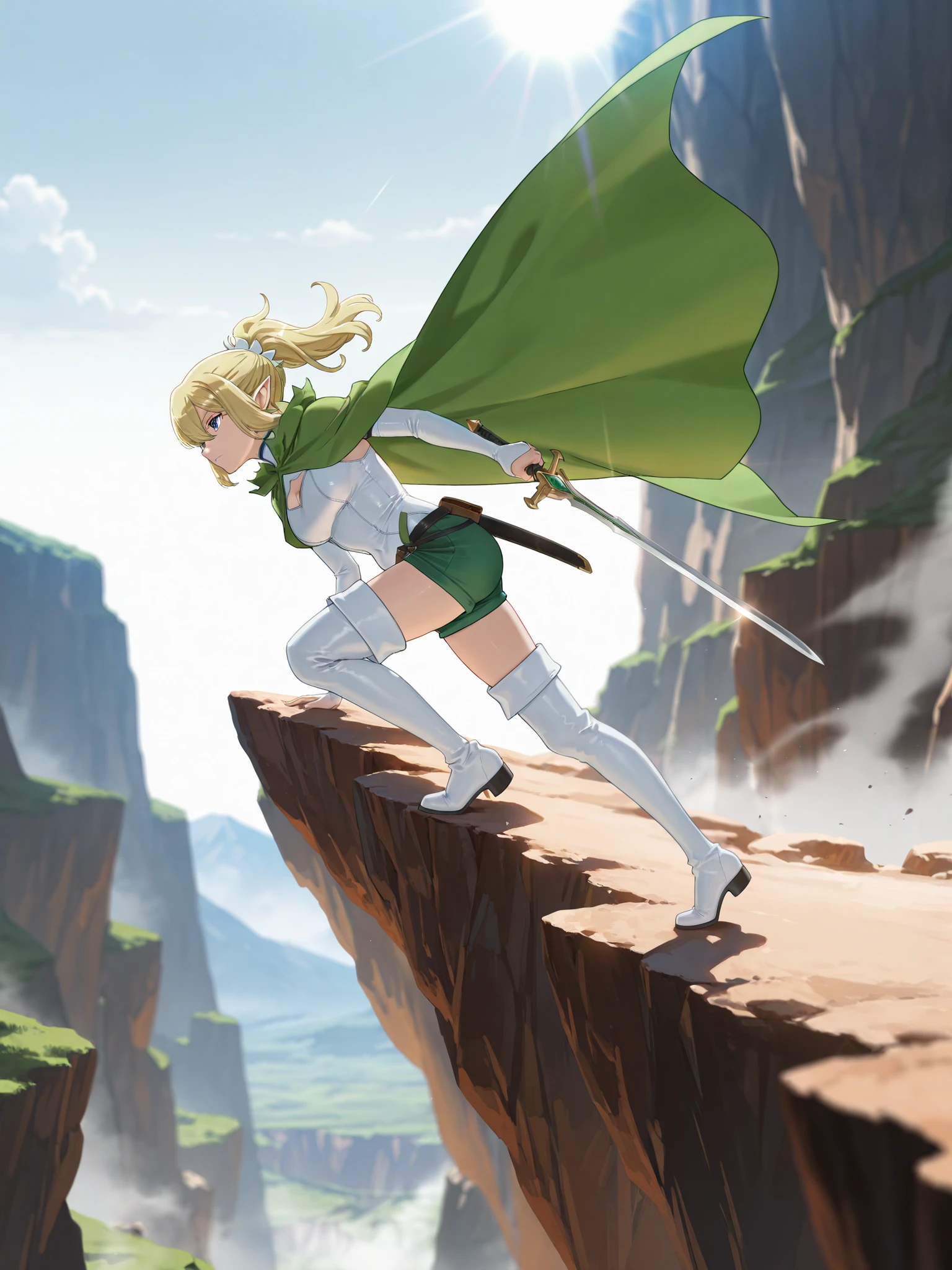 masterpiece, best quality, semi realistic, very aesthetic, high resolution, ultra-detailed, absurdres, newest, scenery, {{detailed beautiful face and eyes, hair, A breathtakingly beautiful face}}, very detailed background,
ryuu lion (danmachi), ponytail hair, blonde hair, hair between eyes, pointy ears, blue eyes, shiny eyes, looking straight ahead, medium breasts,
battle outfit, green cape, white leotard, clothing cutout, belt, green shorts, white thigh boots, sword in right hand,
solo,1girl,(Serious look,closed mouth:1.0),
((make a big leap between cliffs, ultra-wide shot, full body, from side)),
(Between the steep mountain cliffs:1.0)
dramatic shadow, depth of field, Sun lighting