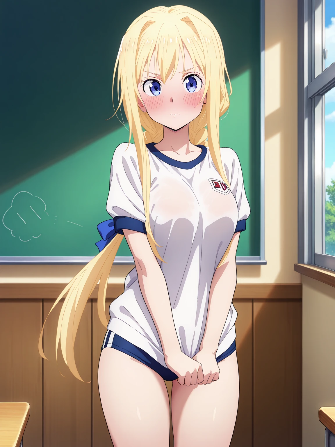 NSFW Lucy Heartfilia has long blonde hair and has large breasts She is completely naked in a high school classroom She is sitting on top of a table and her legs are apart\s