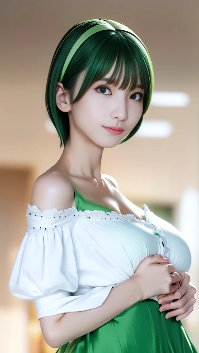 Chibi, 1 girl, shorth hair, Cute、bright expression、Very beautiful face, Beautiful red eyes, dazzling green hair、Eyebrows behind bangs, Bright pupils, nffsw, nffsw, textured white skin, high details, Best Quality, 4K, hight resolution、Tomato Body, Red Costume