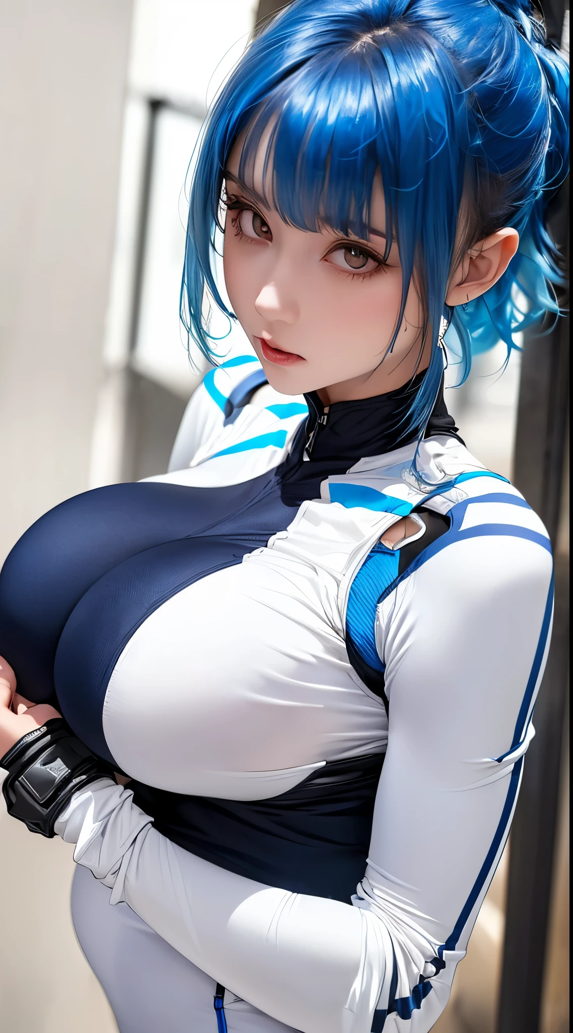 ((Beautiful Face:1.2)),(masterpiece, Top quality, highest resolution, wearing a pink baggy t-shirt clear_ images, detailed description): (Alone, Lonely Girl, the face of Japan, Girl with blue hair, Shortcut, ((upper body:1.2)), Big breasts, Sparkling blue eyes, ((metallic white and blue pilot suit:1.2)), form-fitting clothes, Clothes that cover the entire body, Beauty, and my body is thin, Exoskeleton, sexy pose, heroine, ),((upper body:1.2)) ((Natural huge breasts:1.6))
