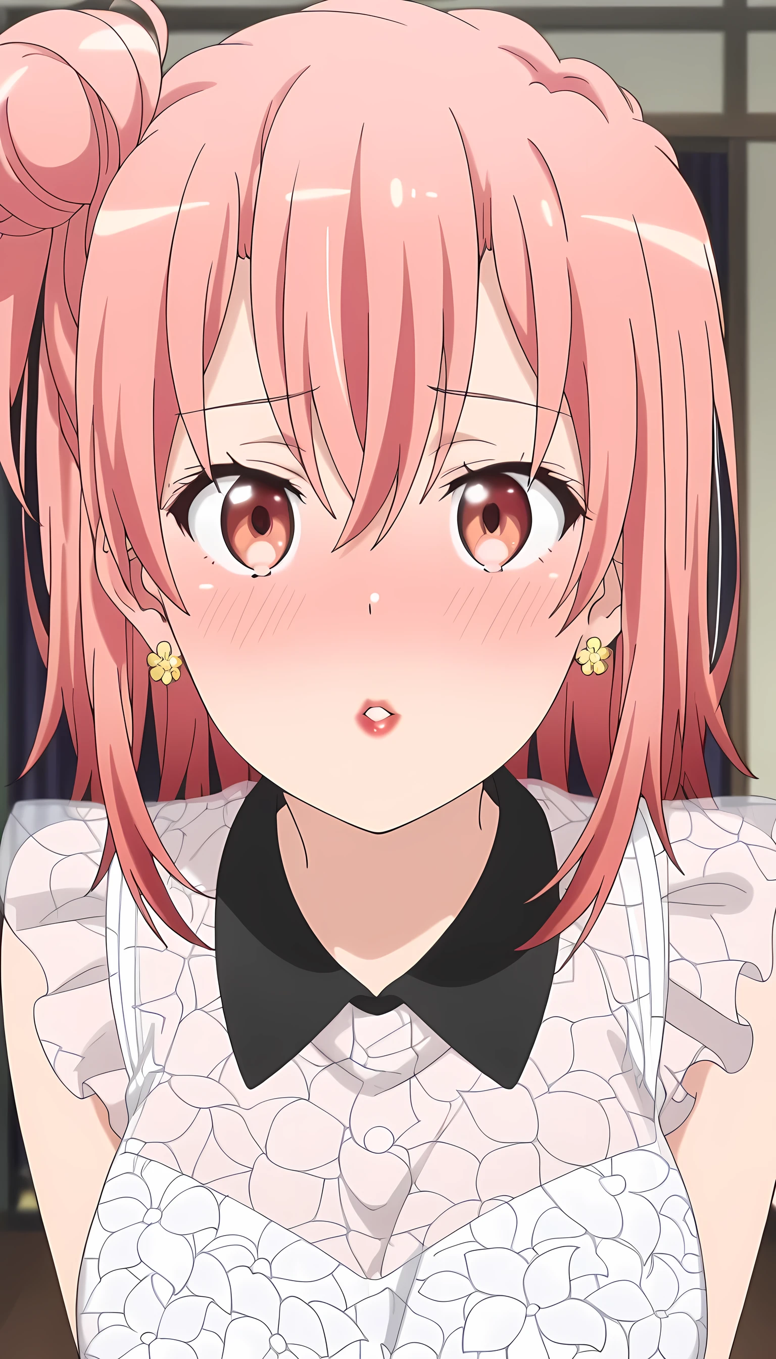 amazing quality, best quality, masterpiece, newest, highres, absurdres, anime coloring, anime screencap, 1girl, solo, yui yuigahama,pink hair,short hair,gradient hair,hair bun,pink eyes,single side bun, very large breasts, medium hair, orange hair, single side bun, orange eyes, hair between eyes, flower earrings, red lips, YuiDress, wing collar, black collar, frilled shirt, sleeveless shirt, see-through shirt, white shirt, looking at viewer, indoors, pov, facing viewer, close-up, incoming kiss, blush, embarrassed, parted lips, full-face blush